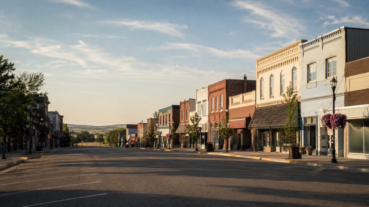 A quiet main street in a small Alberta prairie town